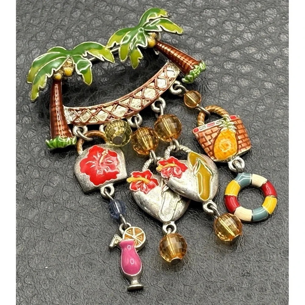 Vintage Silver Tone Tropical Enamel Charm Dangle Brooch Pin Beach Vacation
